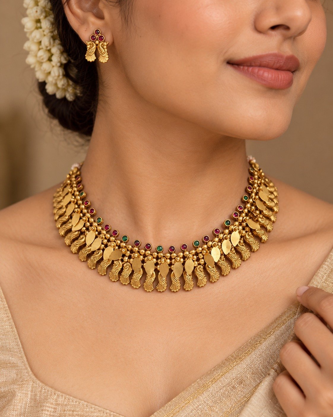 Premium Green With Pink Stone Matte Finished Elakkathali Chocker Necklace Premium Green With Pink Stone Matte Finished Elakkathali Chocker Necklace