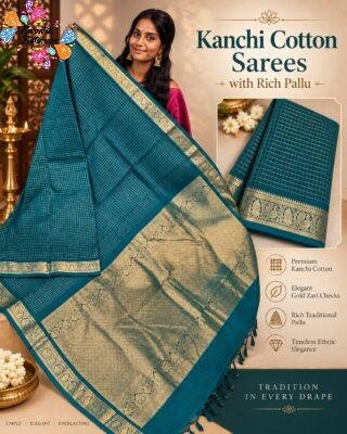Peacock Green  And Gold Zari Border Premium Kanchi Cotton Saree with Rich Pallu