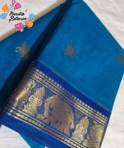 Turquoise Blue And Royal Blue With Gold Zari Border Premium Kanchi Cotton Saree with Rich Pallu