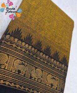 Antique Mustard with Navy Blue Gold Zari Border Chettinad Cotton Sarees