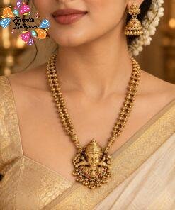 Premium Perumal Designer Green And Pink Stone Mixed Matte Finished Necklace