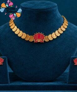 Welcome Swastik Boutiques, Sri Lanka Alternative view of Premium Pink Lotus With Lakshmi Coin Designer Matte Finished Necklace