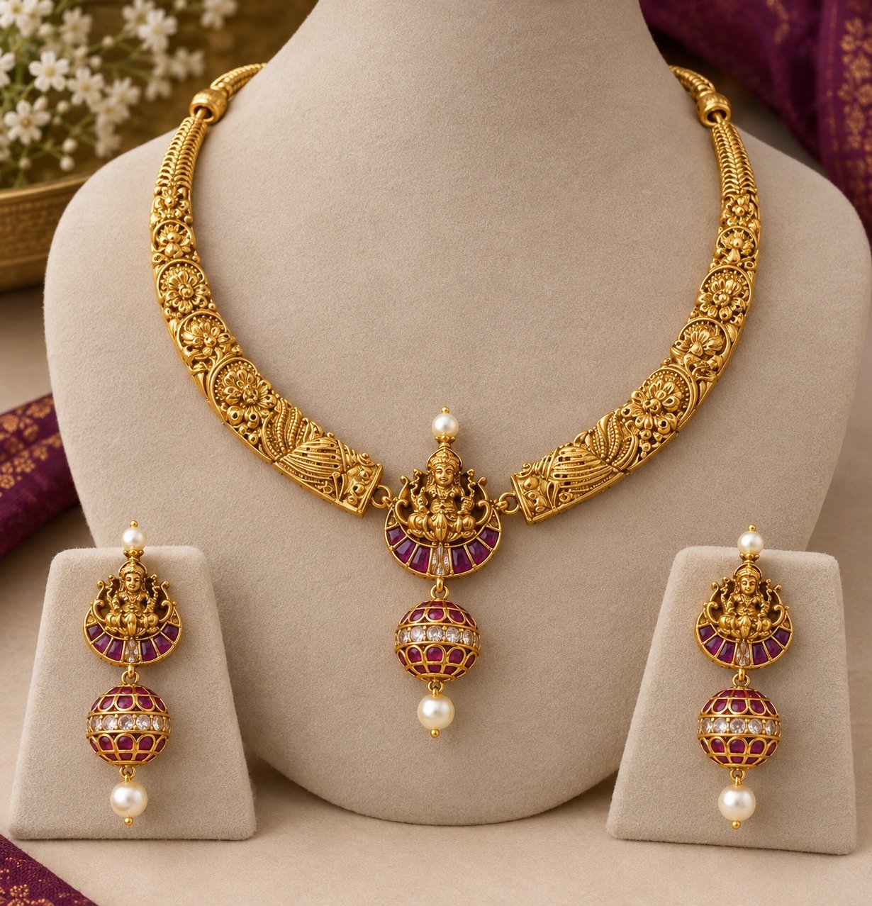 Lakshmi Designer White Pearl With Pink And White Stone Matte Finished Necklace Lakshmi Designer White Pearl With Pink And White Stone Matte Finished Necklace - Image 2