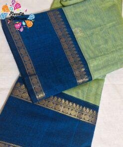 Pistachio Green With Royal Blue Gold Zari Border Premium Kanchi Cotton Saree with Rich Pallu Pistachio Green With Royal Blue Gold Zari Border Premium Kanchi Cotton Saree with Rich Pallu