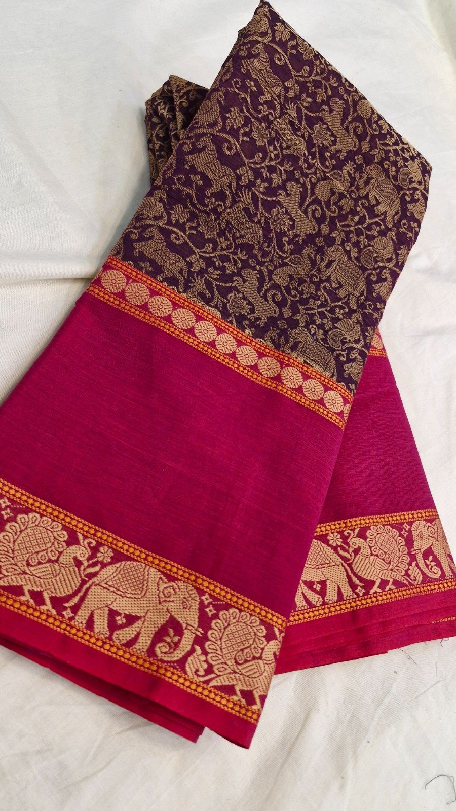 Wine Purple With Pink Border Premium Kanchi Cotton Saree with Rich Pallu Wine Purple With Pink Border Premium Kanchi Cotton Saree with Rich Pallu - Image 2