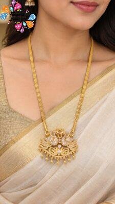 Peacock Designer White And Pink Stone Mixed Micro Gold Plated Long Chain
