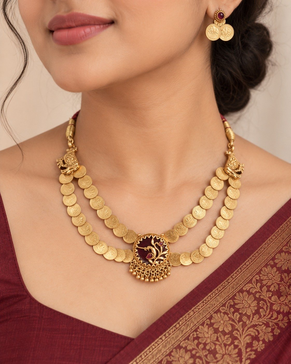 Premium Maroon Pendant With Coin Designer Matte Finished Necklace Premium Maroon Pendant With Coin Designer Matte Finished Necklace