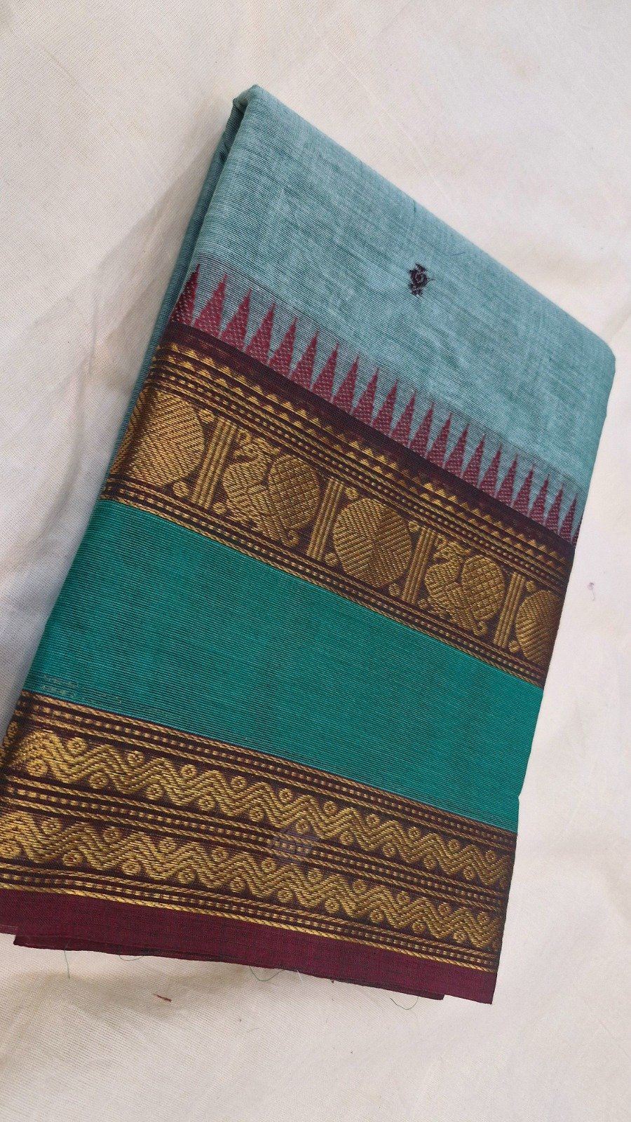 Light Aqua Blue with Teal Green And Maroon Premium Chettinad Cotton Saree Light Aqua Blue with Teal Green And Maroon Premium Chettinad Cotton Saree - Image 2