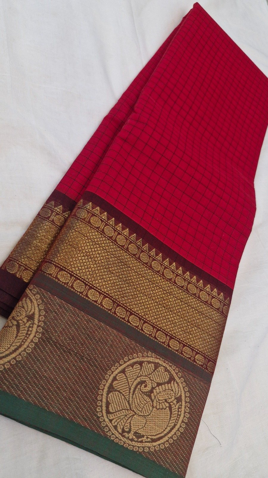 Deep Ruby Red With Green And Brown Mixed Border Premium Kanchi Cotton Saree Deep Ruby Red With Green And Brown Mixed Border Premium Kanchi Cotton Saree - Image 4