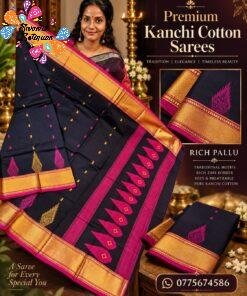 Black with Pink and Antique Gold Zari Work Border Premium Kanchi Cotton Saree with Rich Pallu