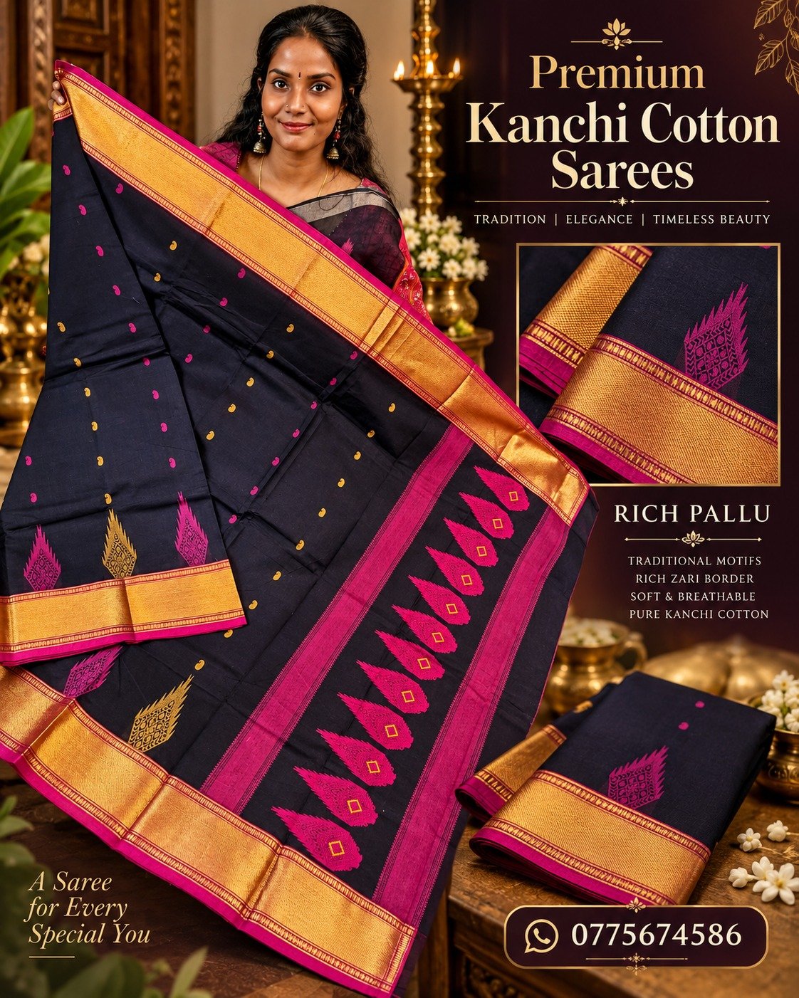 Black with Pink and Antique Gold Zari Work Border Premium Kanchi Cotton Saree with Rich Pallu Black with Pink and Antique Gold Zari Work Border Premium Kanchi Cotton Saree with Rich Pallu