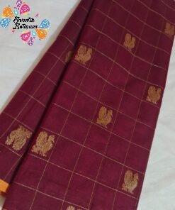 Burgundy Wine And Gold Checks With Peacock Designer Premium Kanchi Cotton Saree with Rich Pallu Burgundy Wine And Gold Checks With Peacock Designer Premium Kanchi Cotton Saree with Rich Pallu