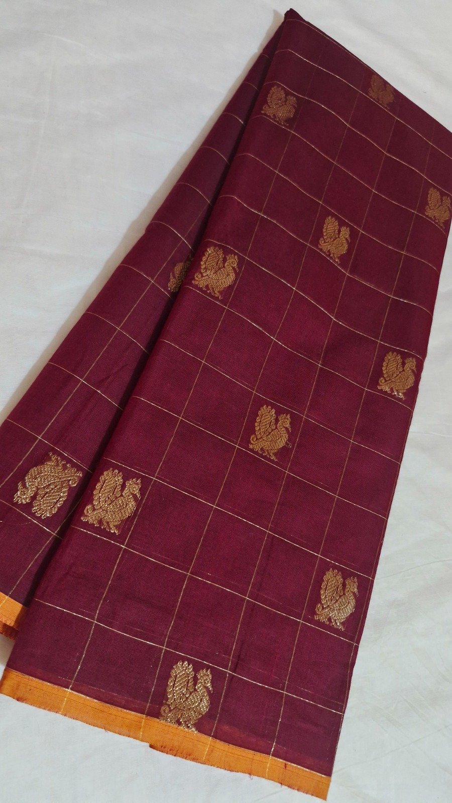 Burgundy Wine And Gold Checks With Peacock Designer Premium Kanchi Cotton Saree with Rich Pallu Burgundy Wine And Gold Checks With Peacock Designer Premium Kanchi Cotton Saree with Rich Pallu - Image 3