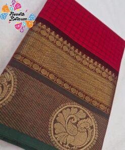 Deep Ruby Red With Green And Brown Mixed Border Premium Kanchi Cotton Saree Deep Ruby Red With Green And Brown Mixed Border Premium Kanchi Cotton Saree