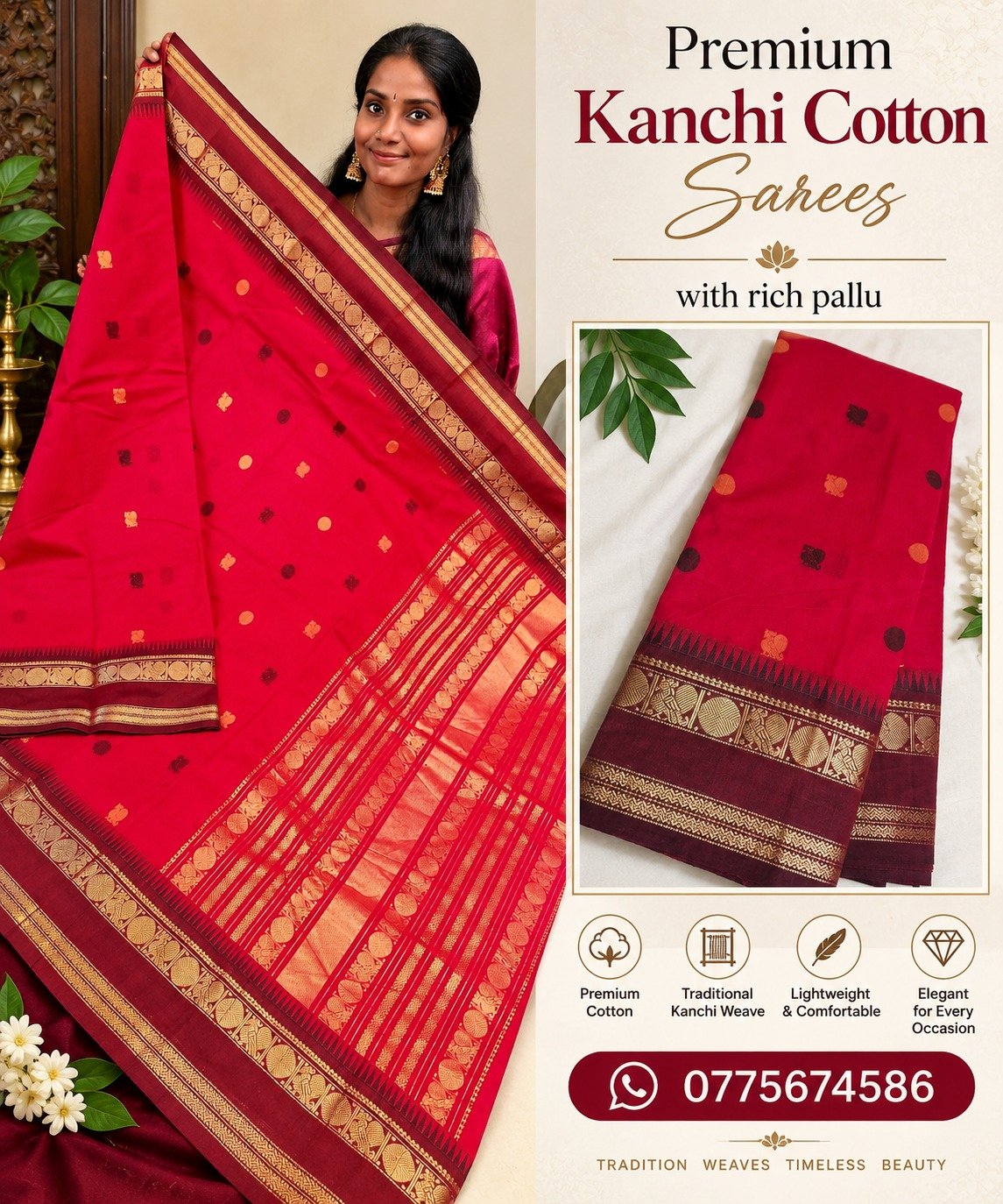 Rani Red With Deep Maroon Gold Zari Border Premium Kanchi Cotton Saree with Rich Pallu Rani Red With Deep Maroon Gold Zari Border Premium Kanchi Cotton Saree with Rich Pallu