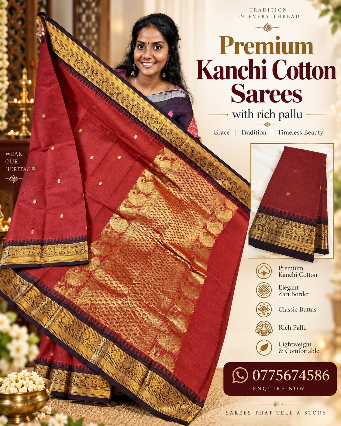 Rust Red With Dark Maroon Border and Antique Gold Zari Border Premium Kanchi Cotton Saree with Rich Pallu Rust Red With Dark Maroon Border and Antique Gold Zari Border Premium Kanchi Cotton Saree with Rich Pallu
