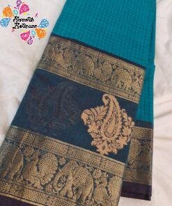 Checked Designer Turquoise Blue With Slate Grey Gold Zari Border Premium Kanchi Cotton Saree with Rich Pallu Checked Designer Turquoise Blue With Slate Grey Gold Zari Border Premium Kanchi Cotton Saree with Rich Pallu