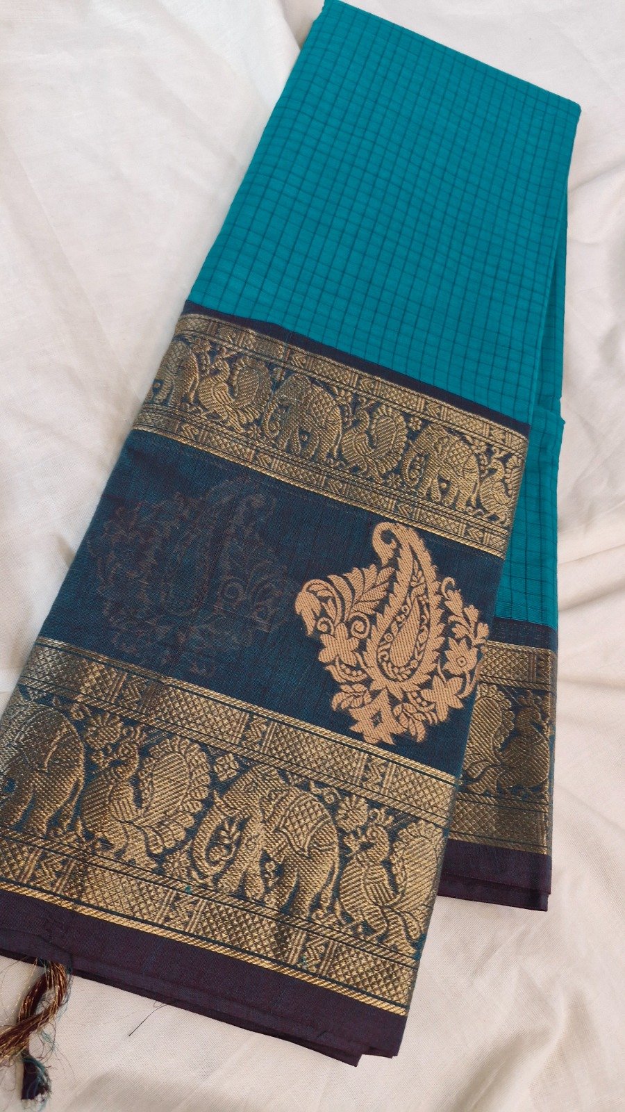 Checked Designer Turquoise Blue With Slate Grey Gold Zari Border Premium Kanchi Cotton Saree with Rich Pallu Checked Designer Turquoise Blue With Slate Grey Gold Zari Border Premium Kanchi Cotton Saree with Rich Pallu - Image 2