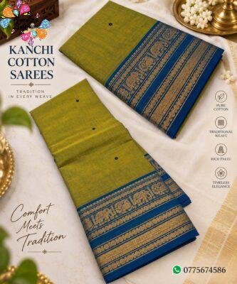 Bright Olive Green With Royal Blue Premium Chettinad Cotton Saree