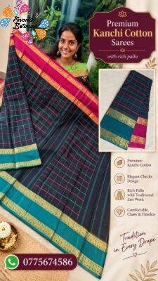 Checked Designer Black With Teal Green And Magenta Gold Zari Border Premium Kanchi Cotton Saree with Rich Pallu