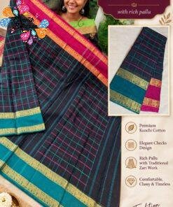 Checked Designer Black With Teal Green And Magenta Gold Zari Border Premium Kanchi Cotton Saree with Rich Pallu