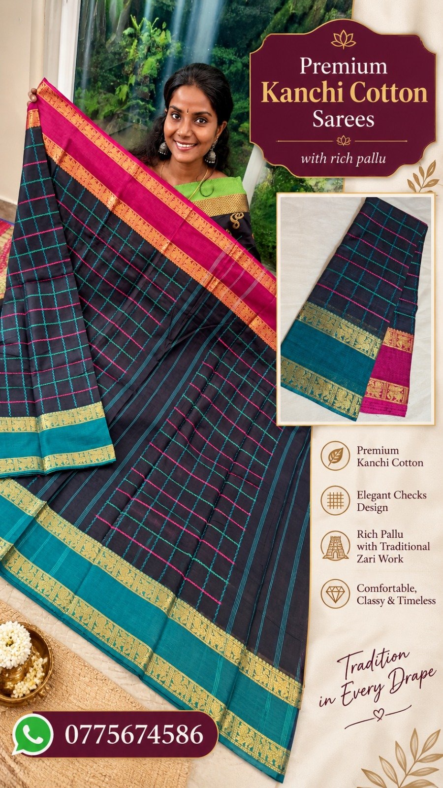 Checked Designer Black With Teal Green And Magenta Gold Zari Border Premium Kanchi Cotton Saree with Rich Pallu Checked Designer Black With Teal Green And Magenta Gold Zari Border Premium Kanchi Cotton Saree with Rich Pallu