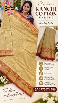 Golden Beige with Rust Maroon Border and Antique Gold Zari Work Premium Kanchi Cotton Saree with Rich Pallu