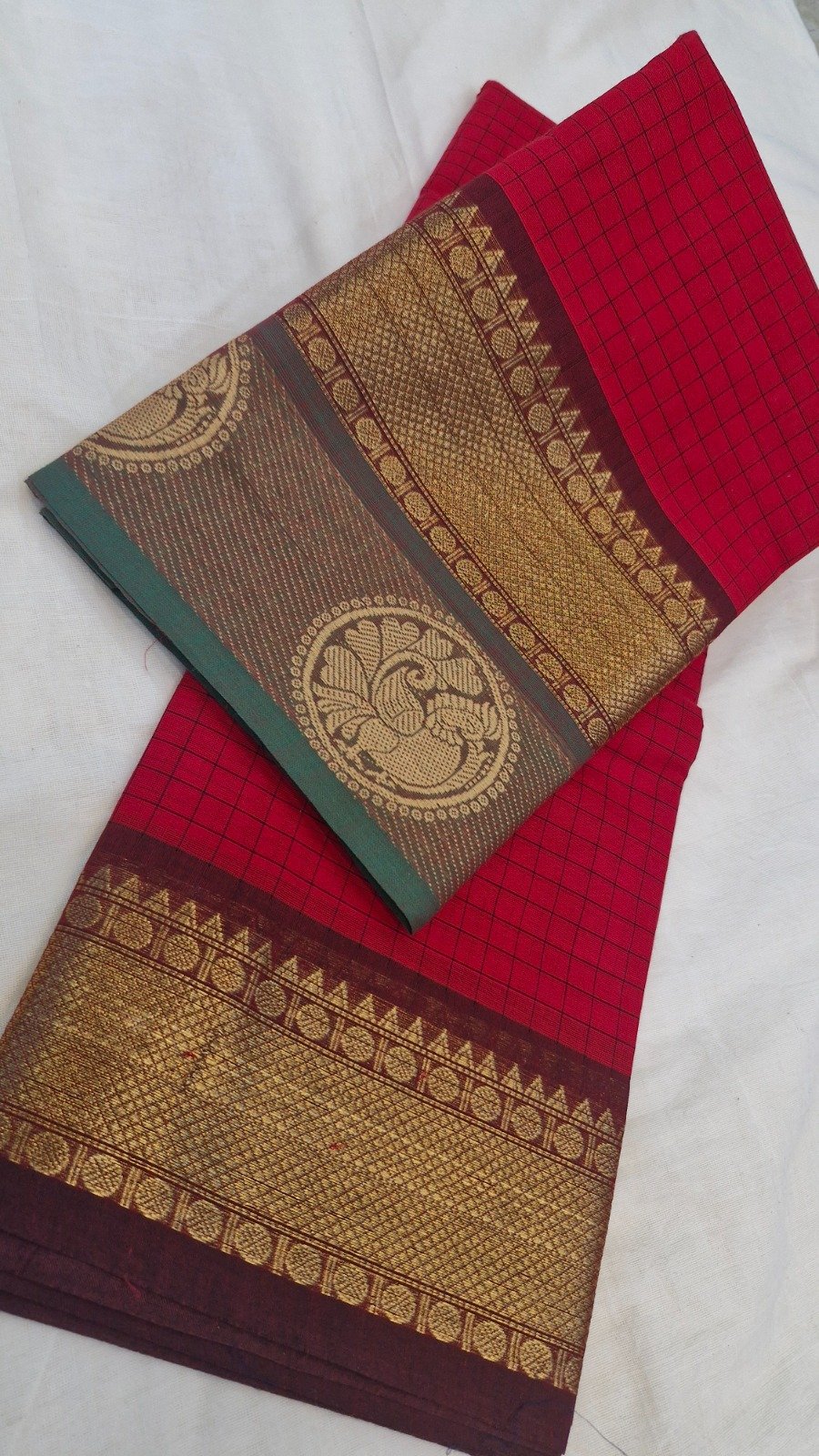 Deep Ruby Red With Green And Brown Mixed Border Premium Kanchi Cotton Saree Deep Ruby Red With Green And Brown Mixed Border Premium Kanchi Cotton Saree - Image 3