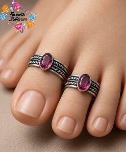 Pink Stone Designer Oxidised Toe Rings
