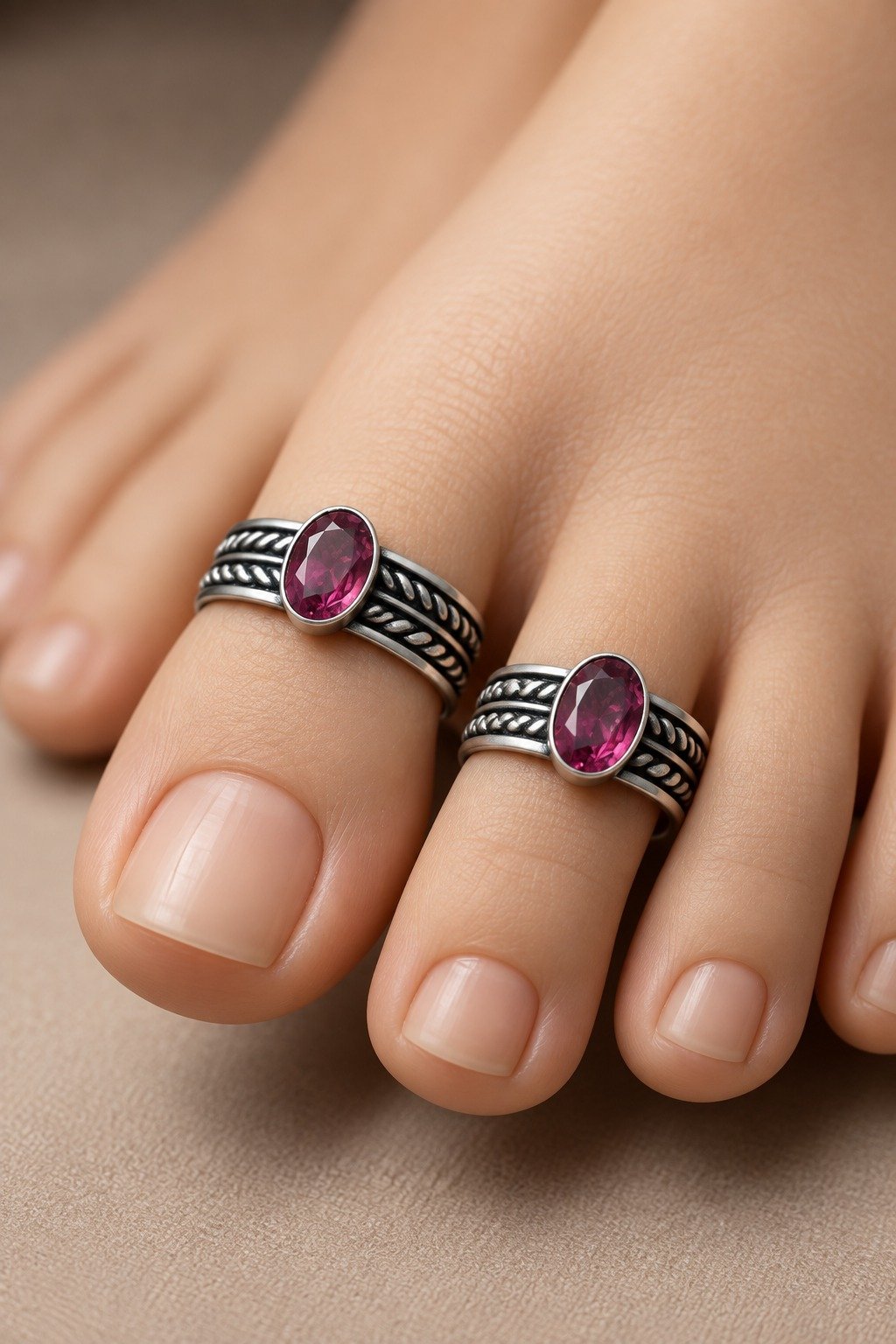 Pink Stone Designer Oxidised Toe Rings Pink Stone Designer Oxidised Toe Rings