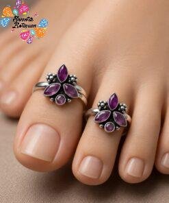 Flower Designer Purple Stone Oxidised Silver Toe Rings