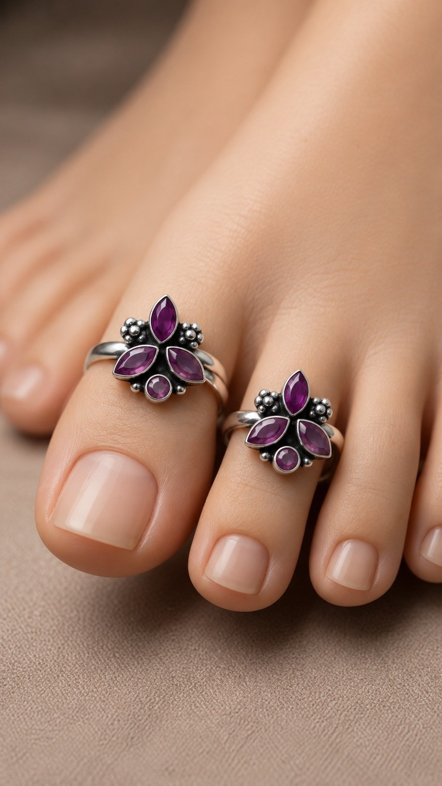 Flower Designer Purple Stone Oxidised Silver Toe Rings Flower Designer Purple Stone Oxidised Silver Toe Rings
