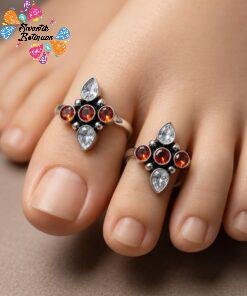 Orange With White Stone Mixed Oxidised Silver Toe Rings