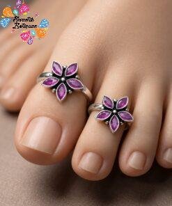 Flower Designer Purple Stone Oxidised Silver Toe Rings