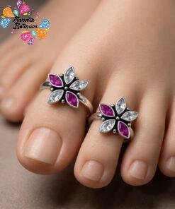 Flower Designer White And Purple Stone Mixed Oxidised Silver Toe Rings