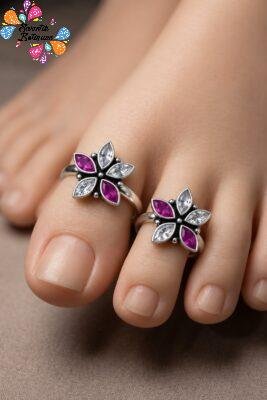 Flower Designer White And Purple Stone Mixed Oxidised Silver Toe Rings