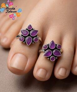Flower Designer Purple Stone Oxidised Silver Toe Rings