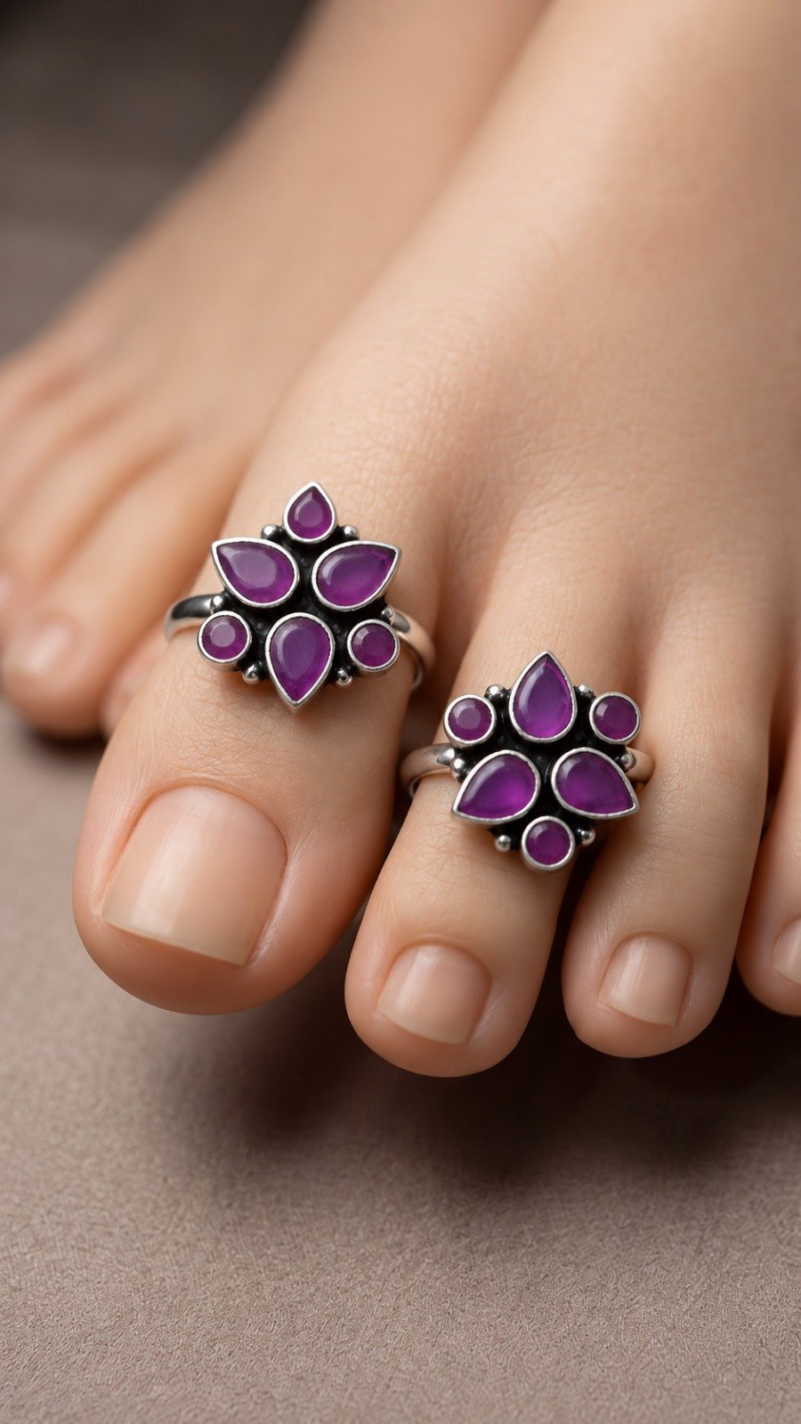 Flower Designer Purple Stone Oxidised Silver Toe Rings Flower Designer Purple Stone Oxidised Silver Toe Rings