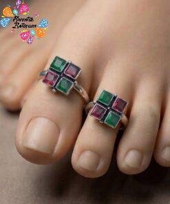 Green And Red Stone Mixed Oxidised Silver Toe Rings