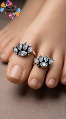 White Stone Designer Oxidised Silver Toe Rings