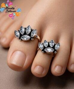 White Stone Designer Oxidised Silver Toe Rings
