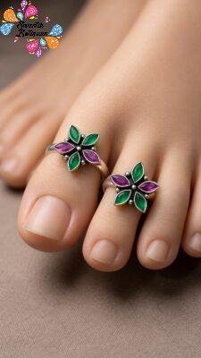 Flower Designer Green And Purple Stone Mixed Oxidised Silver Toe Rings