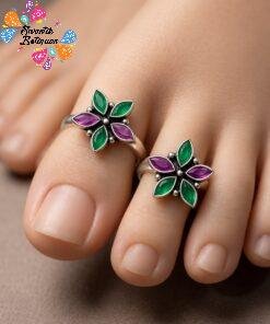 Flower Designer Green And Purple Stone Mixed Oxidised Silver Toe Rings