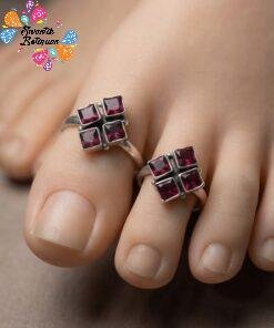 Red Stone Oxidised Silver Toe Rings