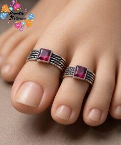Square Designer Pink Stone Designer Oxidised Silver Toe Rings