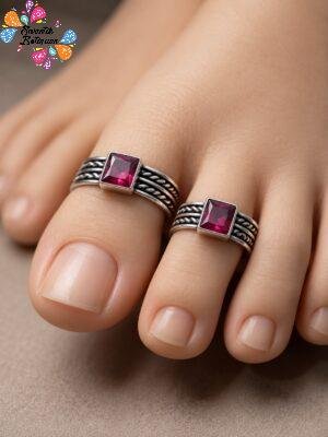 Square Designer Pink Stone Designer Oxidised Silver Toe Rings