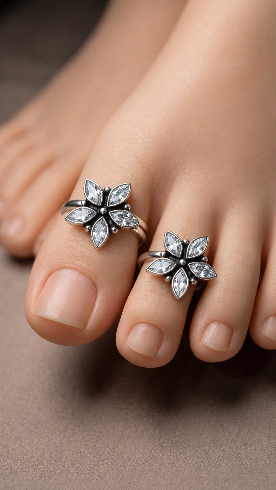 Flower Designer White Stone Oxidised Silver Toe Rings Flower Designer White Stone Oxidised Silver Toe Rings