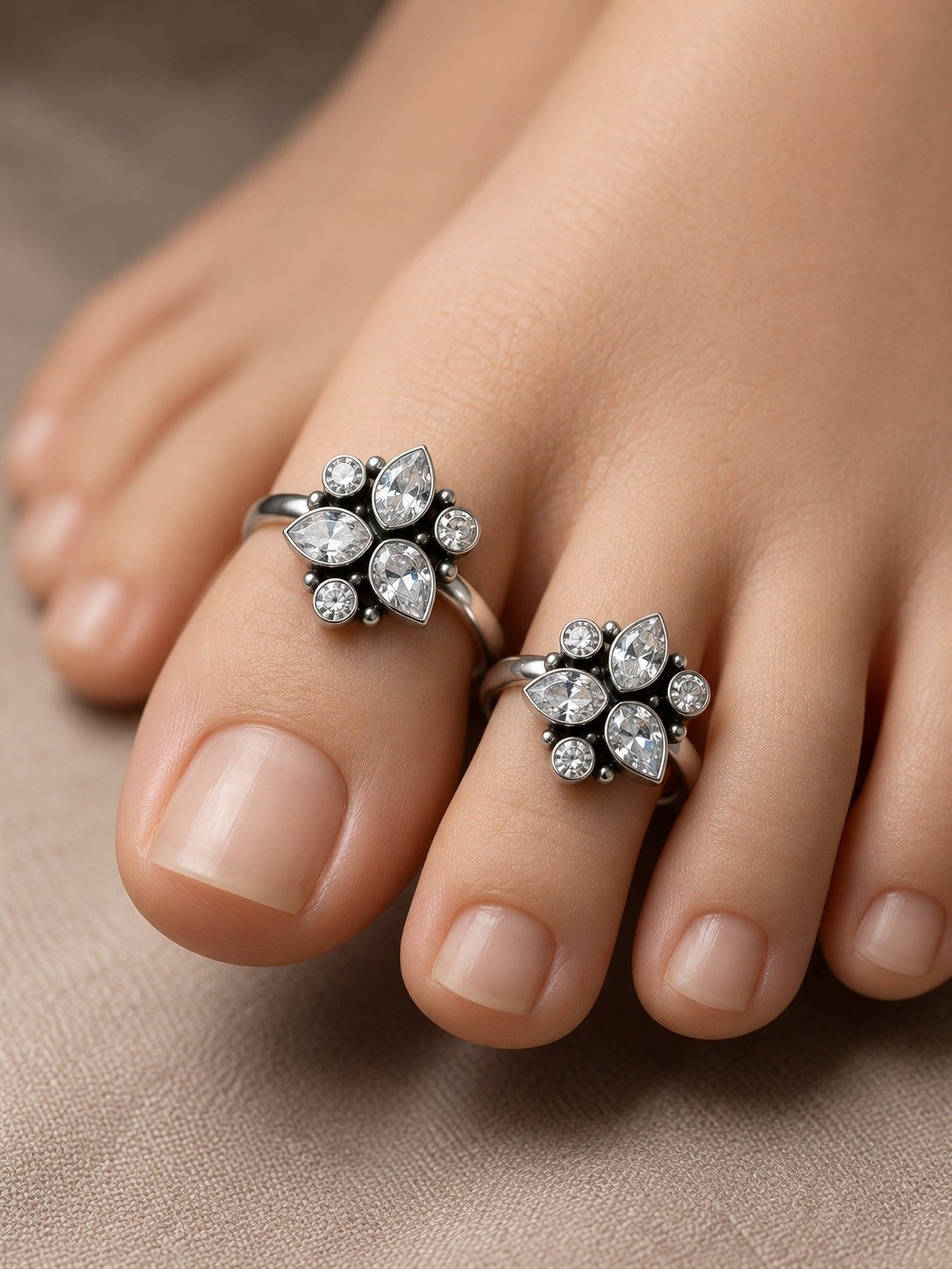 Flower Designer White Stone Oxidised Silver Toe Rings Flower Designer White Stone Oxidised Silver Toe Rings
