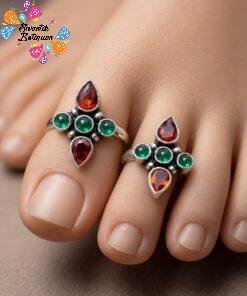 Green And Red Stone Mixed Oxidised Silver Toe Rings