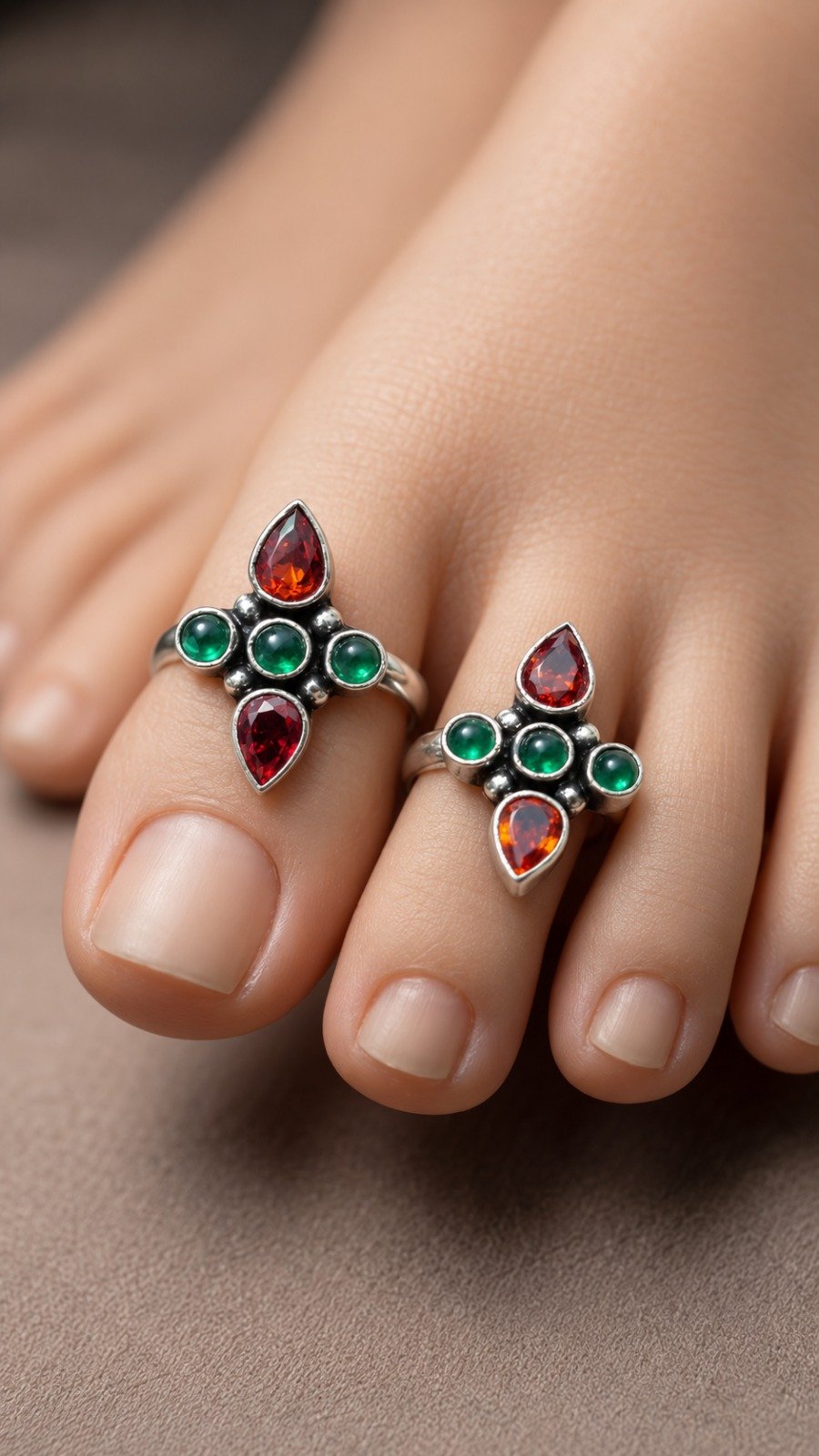 Green And Red Stone Mixed Oxidised Silver Toe Rings Green And Red Stone Mixed Oxidised Silver Toe Rings